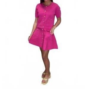 NEW ENTRO women's button cardigan skirt set in pink knit gold